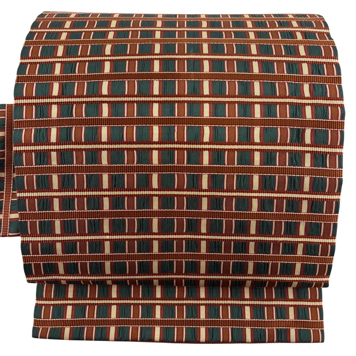 【美品】 名古屋帯 秀品 格子 灰緑 正絹 【中古】