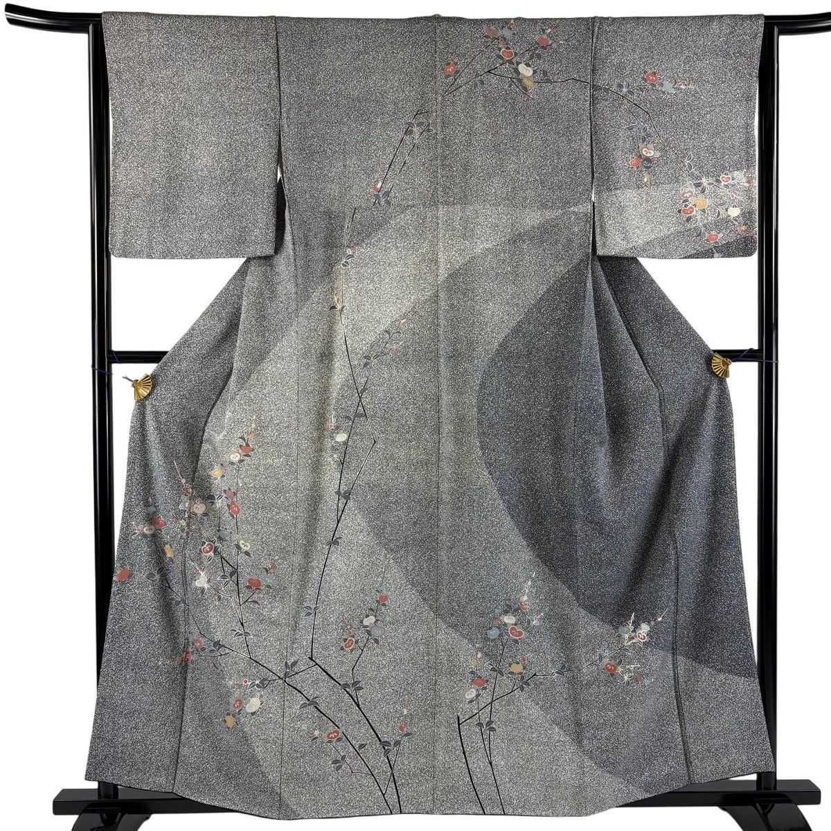 訪問着 身丈159cm 裄丈63.5cm S 袷 橘 金銀彩 ぼかし 黒灰 正絹 秀品 【中古】