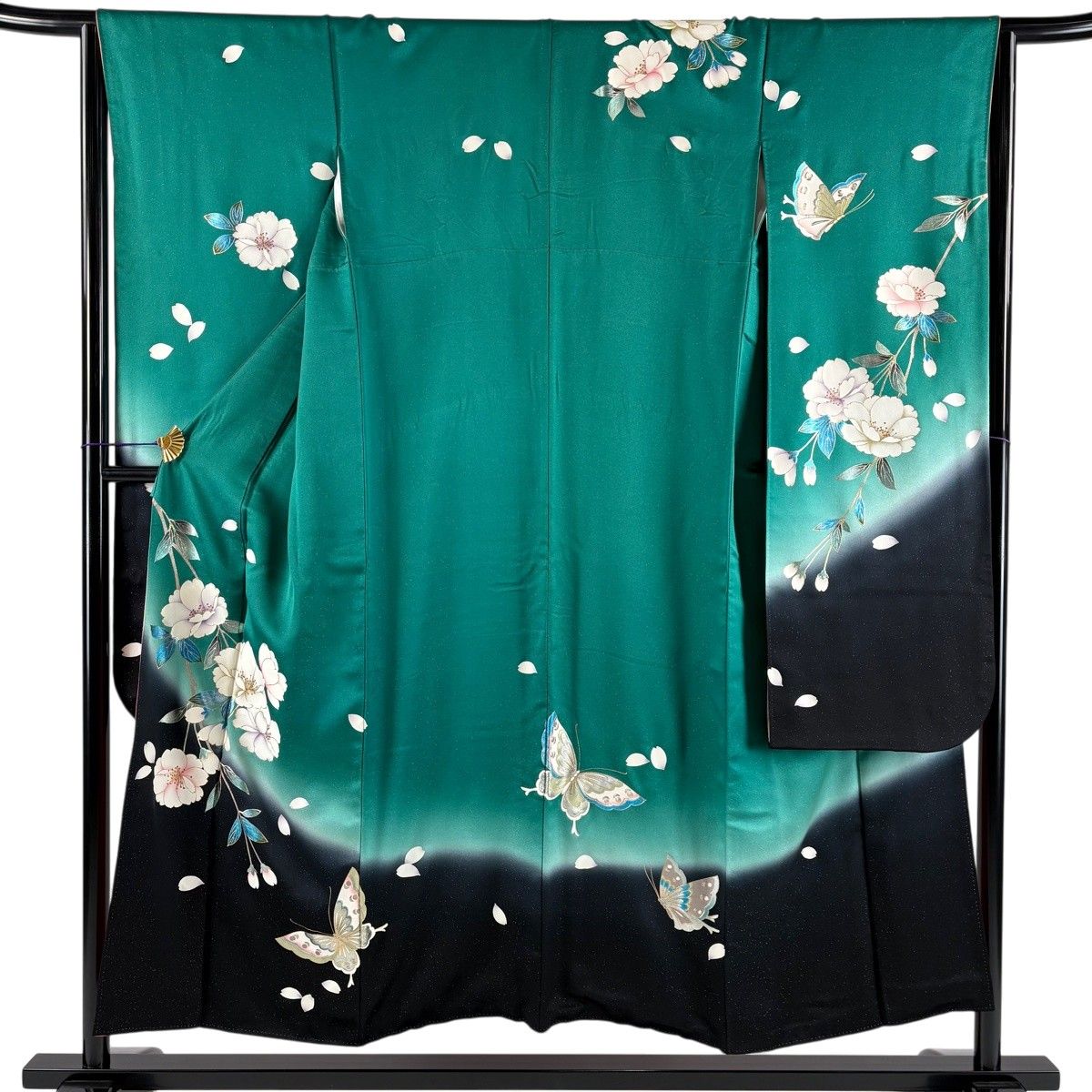 振袖 身丈152cm 裄丈64.5cm M 袷 桜 蝶 金銀彩 銀通し 緑 正絹 秀品 【中古】