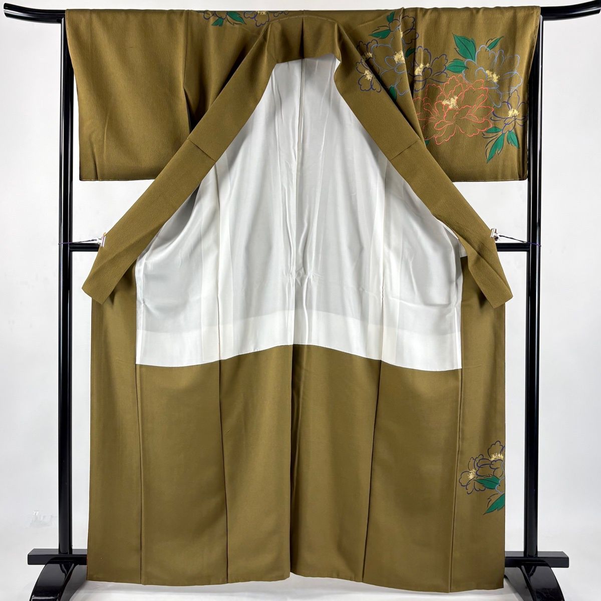美品】 訪問着 身丈164.5cm 裄丈67cm M 袷 牡丹 金彩 茶緑色 正絹 秀品