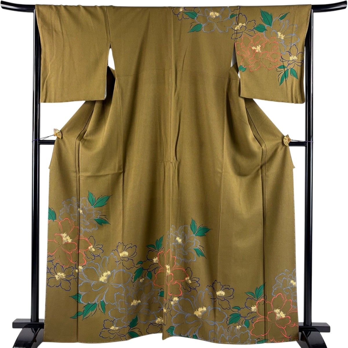 単衣訪問着　牡丹に緑紅葉　金色装飾 美品】 訪問着 身丈164.5cm 裄丈67cm M 袷 牡丹 金彩 茶緑色 正絹 秀品