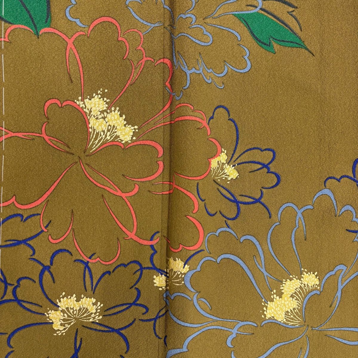 単衣訪問着　牡丹に緑紅葉　金色装飾 美品】 訪問着 身丈164.5cm 裄丈67cm M 袷 牡丹 金彩 茶緑色 正絹 秀品
