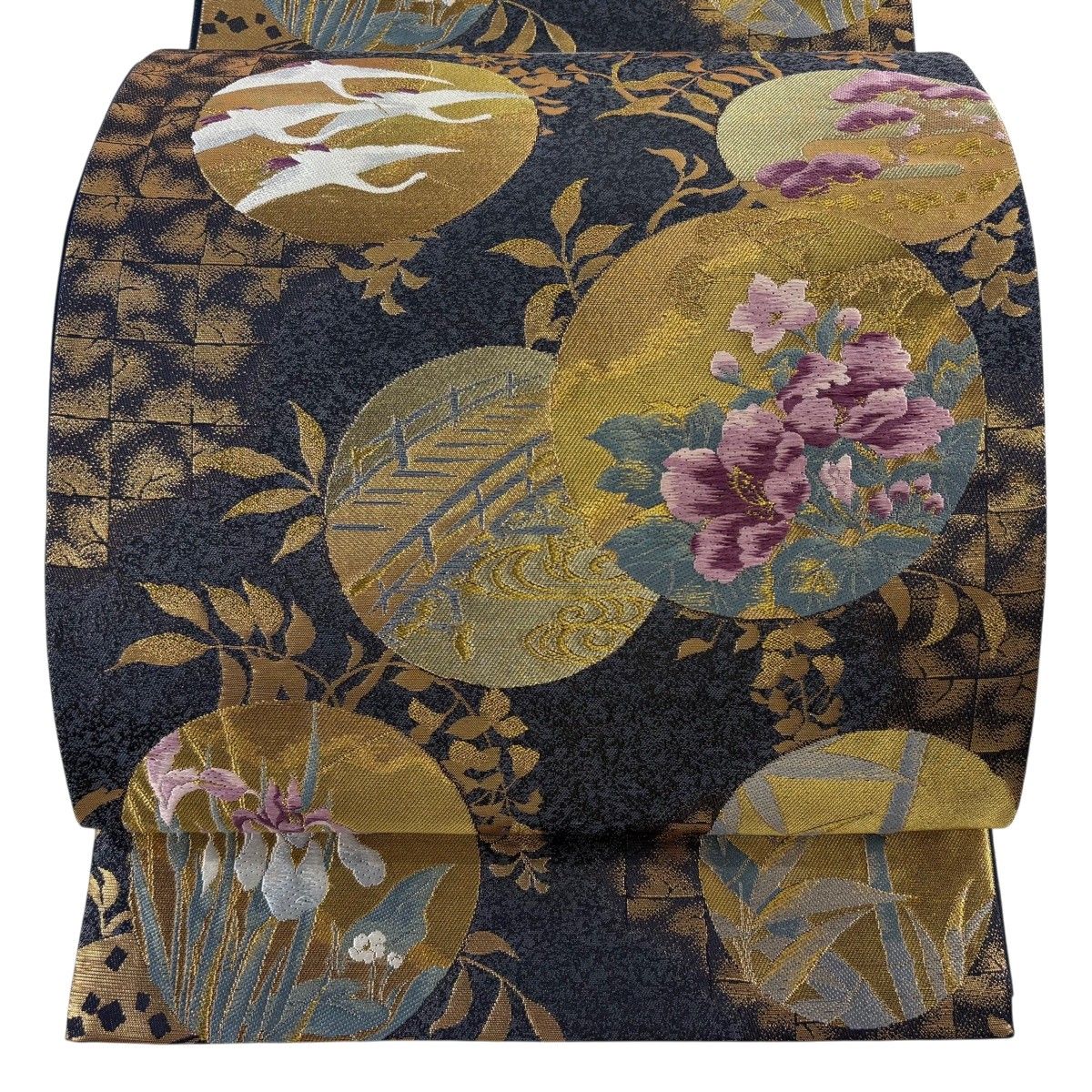 【美品】 袋帯 逸品 じゅらく 落款 じゅらく帝王紫 草花 鶴 金糸 箔 青灰色 六通 正絹 【中古】