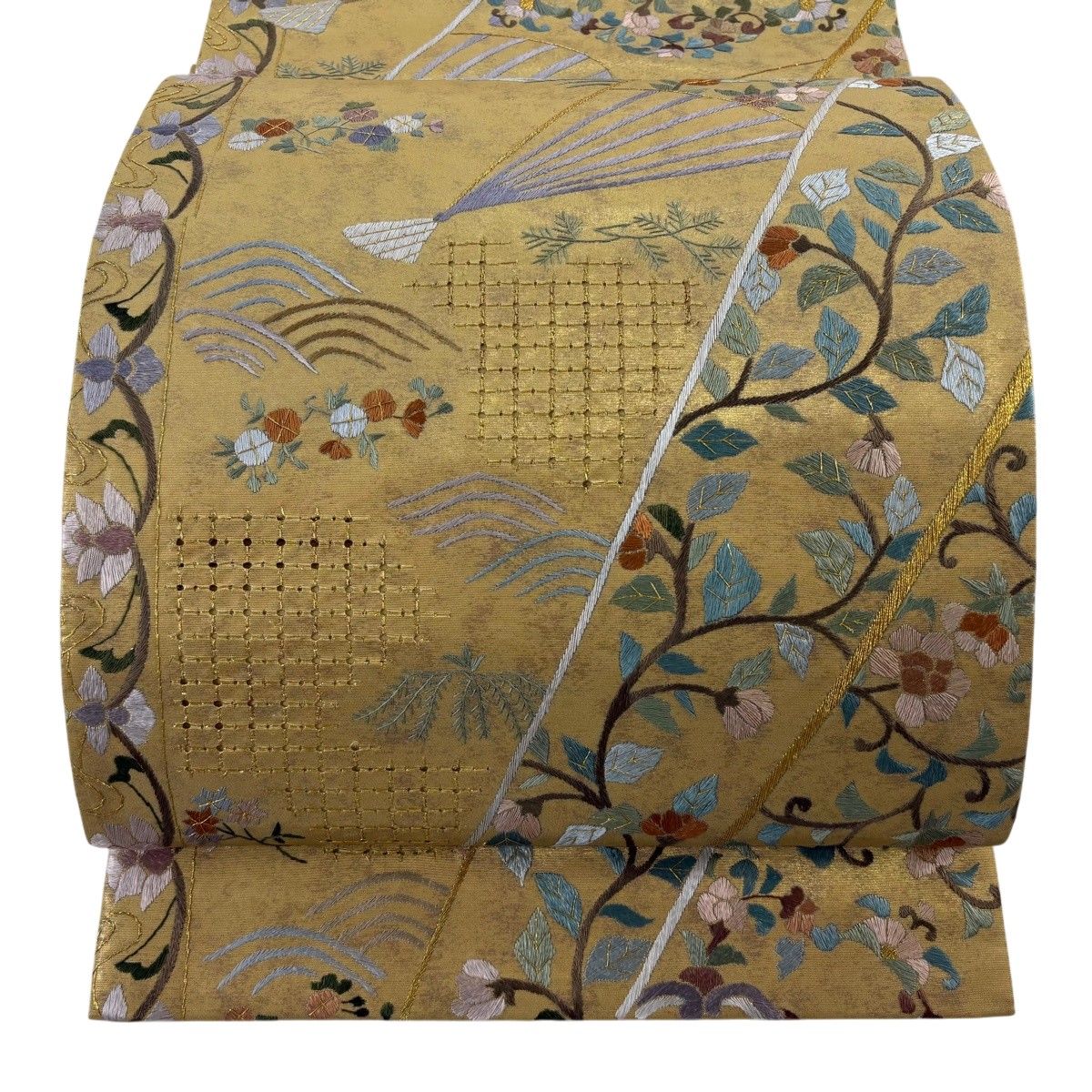 袋帯 逸品 扇 華文 金糸 刺繍 金色 六通 正絹 【中古】