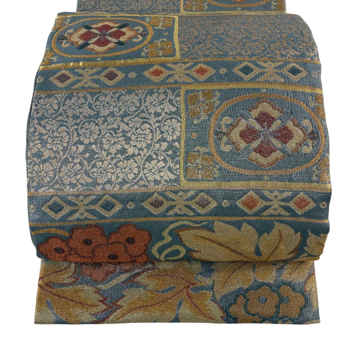 【美品】 袋帯 逸品 紋屋井関 落款 御寮織 草花 華文 金糸 箔 灰色 六通 正絹 【中古】