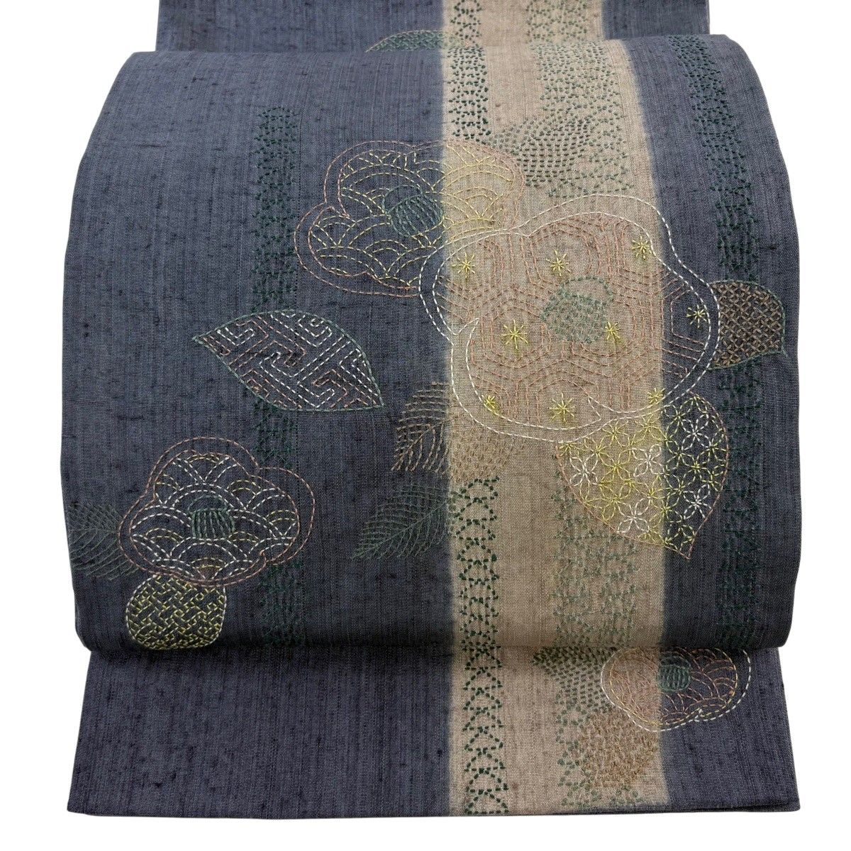 【美品】 袋帯 逸品 紬地 椿 葉 刺繍 灰紫 お太鼓柄 正絹 【中古】