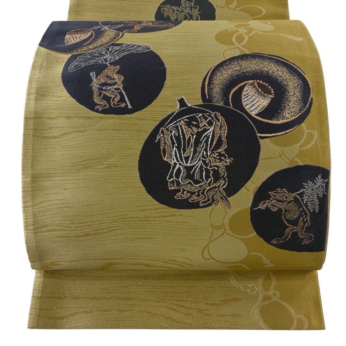 【美品】 袋帯 逸品 鳥獣戯画 瓢箪 箔 薄黄土色 お太鼓柄 正絹 【中古】