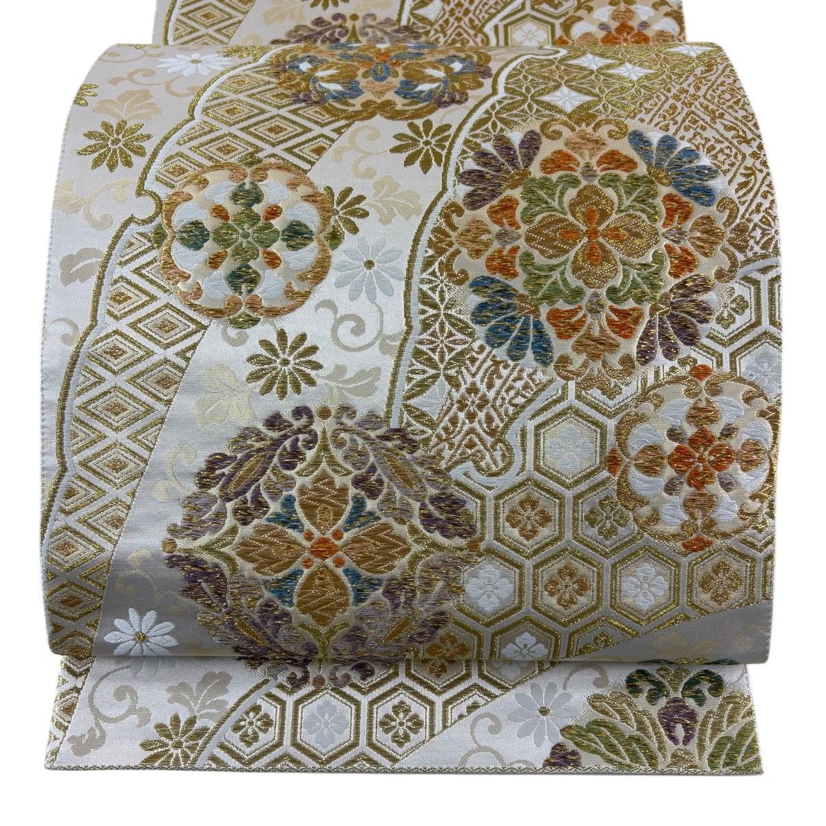 【美品】 袋帯 秀品 華文 雪輪 唐織 箔 クリーム 六通 正絹 【中古】