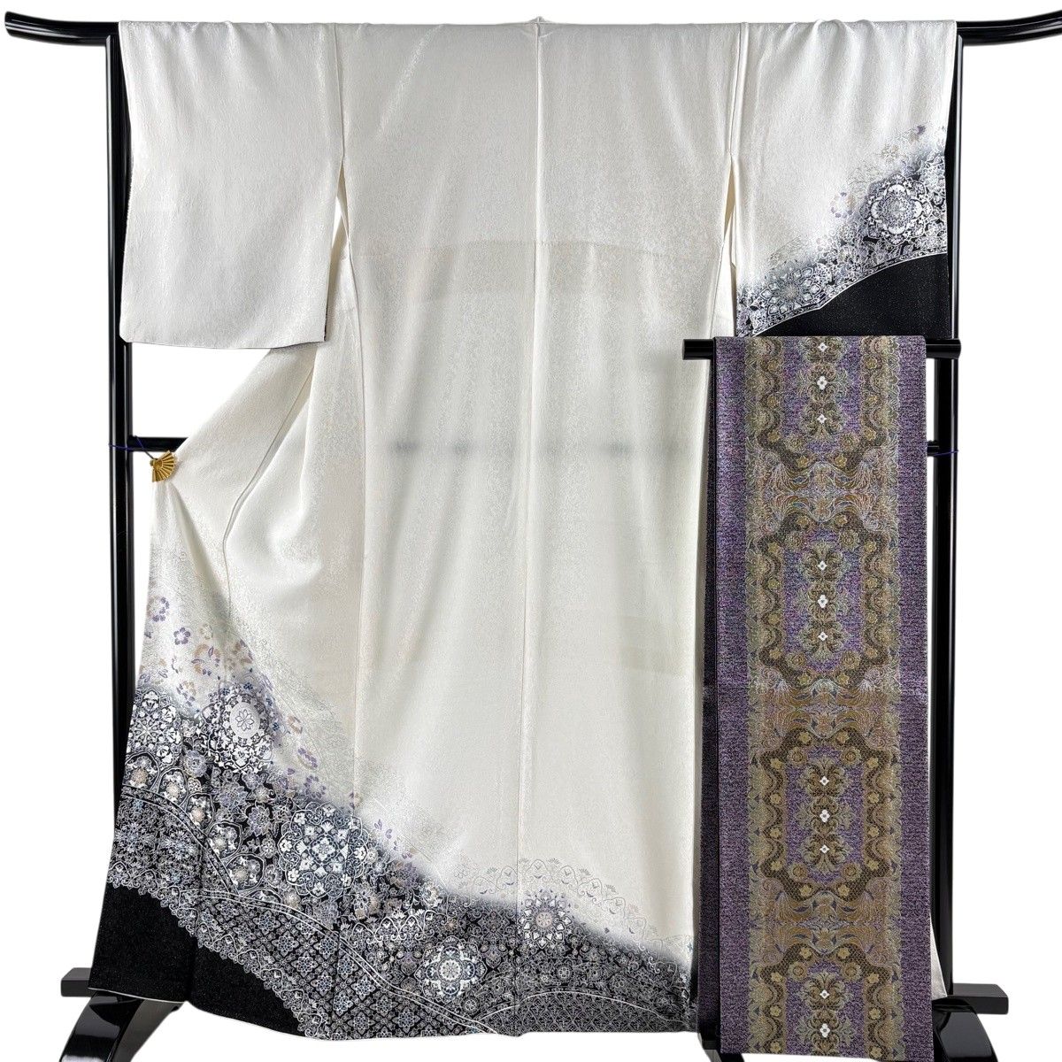 【美品】 付下げ 身丈165cm 裄丈65cm M 袷 袋帯セット 華文 草花 銀通し クリーム 正絹 名品 【中古】