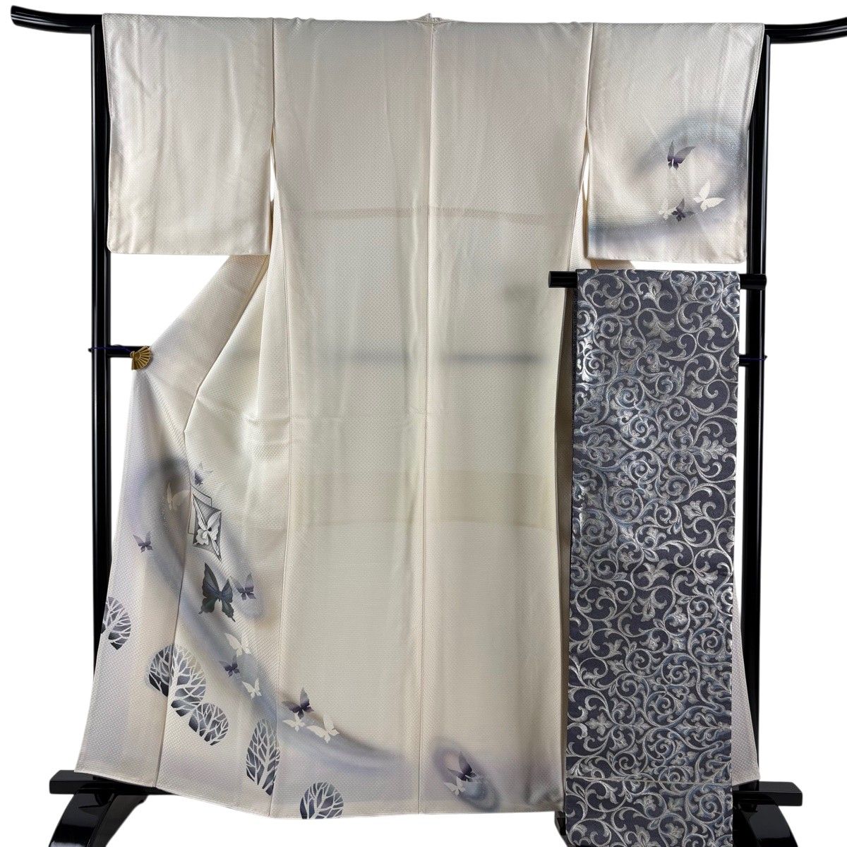 【美品】 付下げ 身丈161.5cm 裄丈65cm M 袷 袋帯セット 蝶々 樹木 箔 ぼかし クリーム 正絹 秀品 【中古】