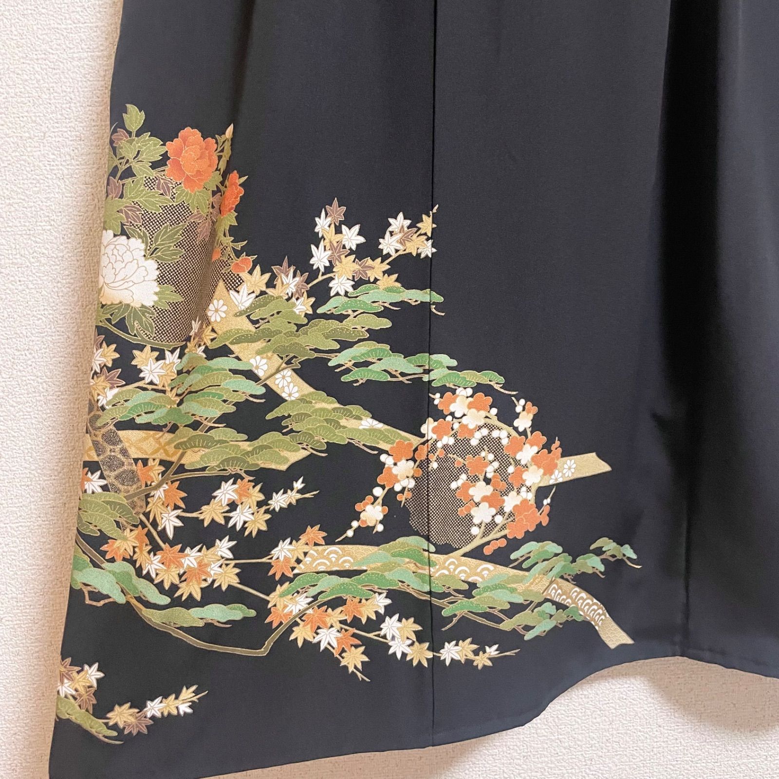 一点物 着物リメイク ロングワンピース ドレス 黒留袖 正絹 草花文