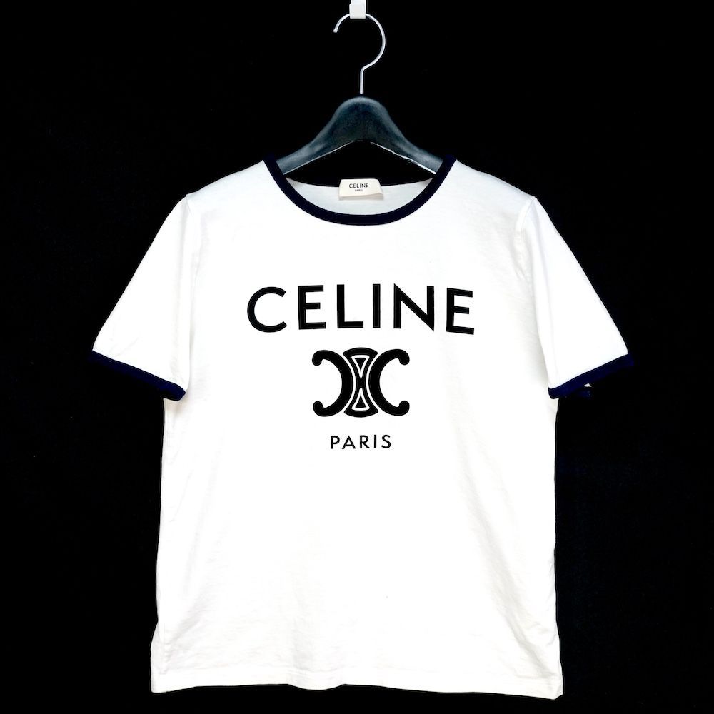 CELINE セリーヌ トリオンフ ロゴ プリント リンガー Tシャツ ホワイト ネイビー XSサイズ 2X872671Q