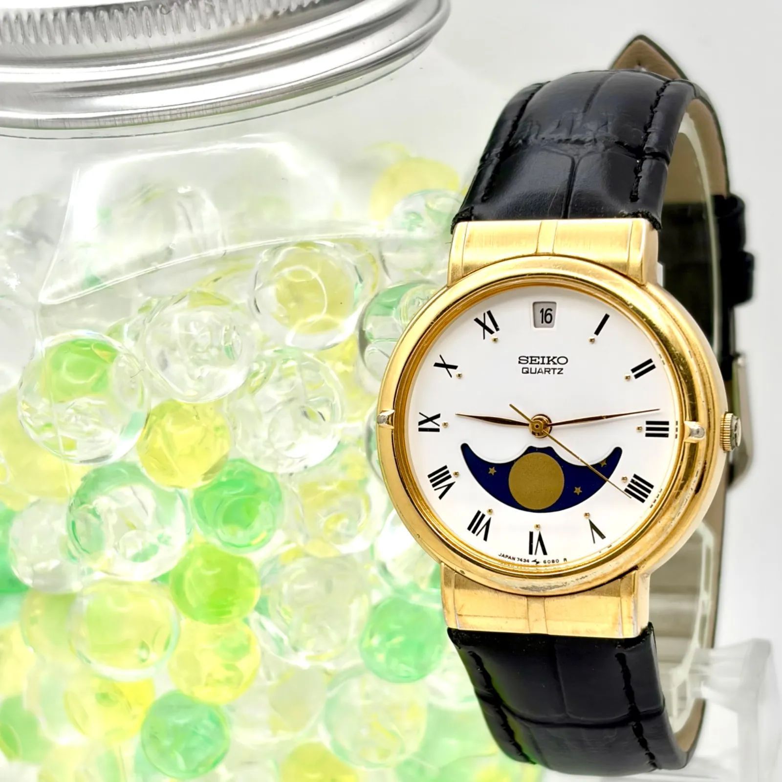 【新品電池】SEIKO セイコー メンズ 腕時計 ムーンフェイズ ゴールド デイト ローマン 7434-6070 770198 新品ベルト