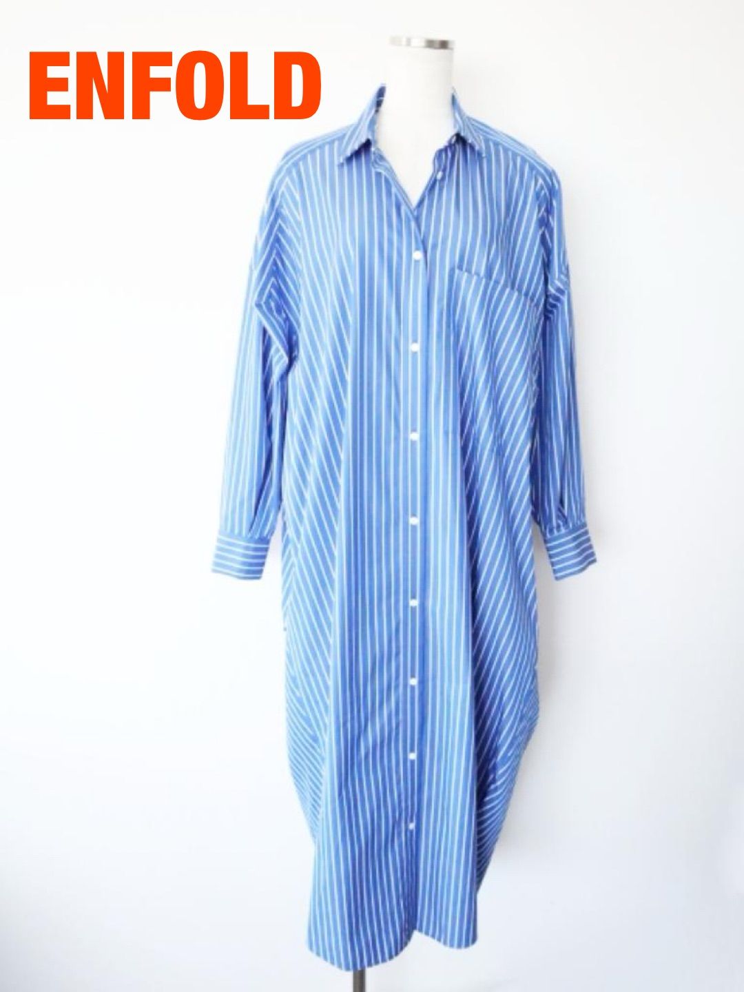 【新品 2024年製】ENFOLD エンフォルド LONG SHIRT DRESS ワンピース 定価49,500円 2024年製 Sサイズ 36 ブルー×ホワイト ロング 長袖 カジュアル 送料込み 6468348