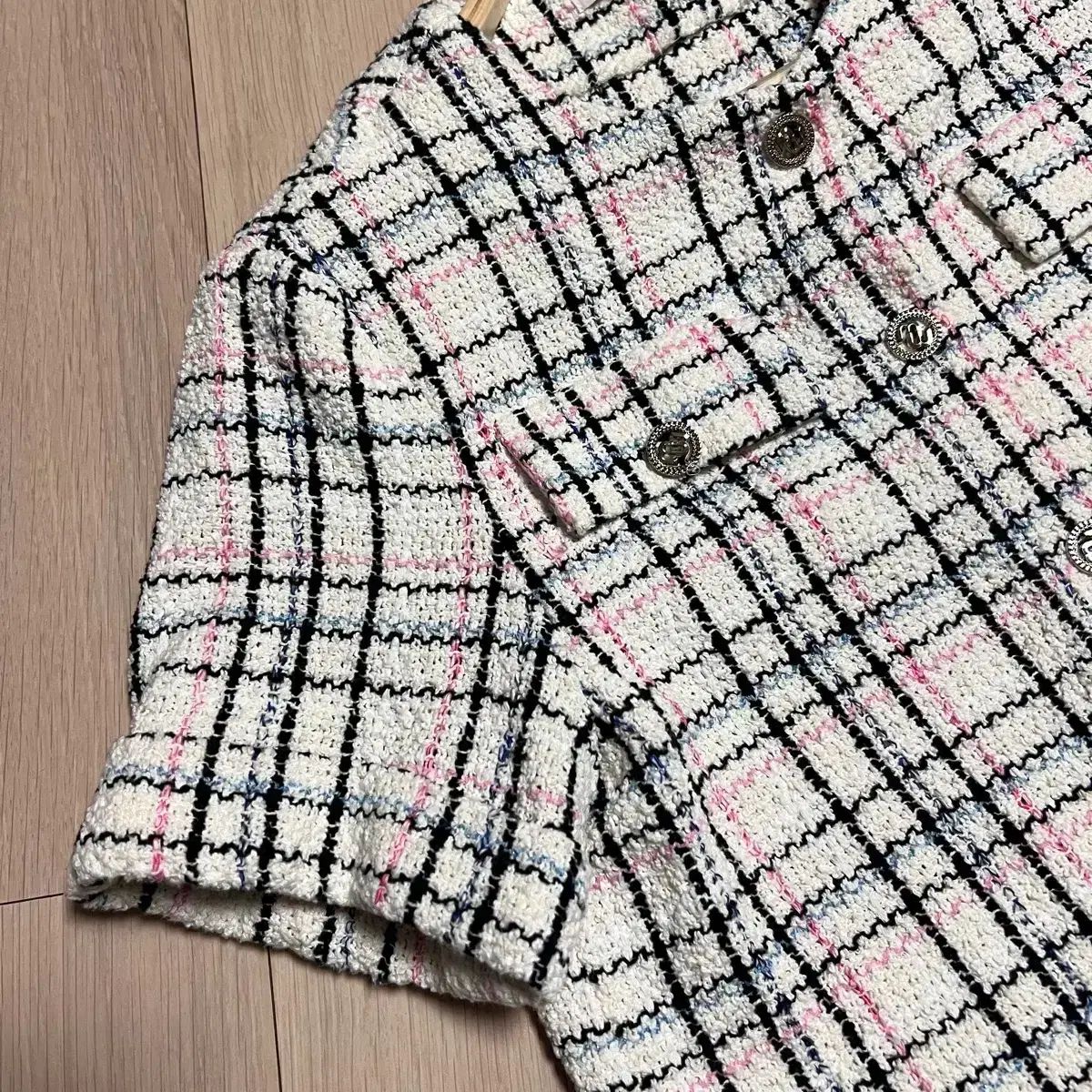 マージュ 半袖 ツイード 半袖 ジャケット兼 ブラウス MAJE アイボリー 春 夏 ゲストルック フリンジ ピンク