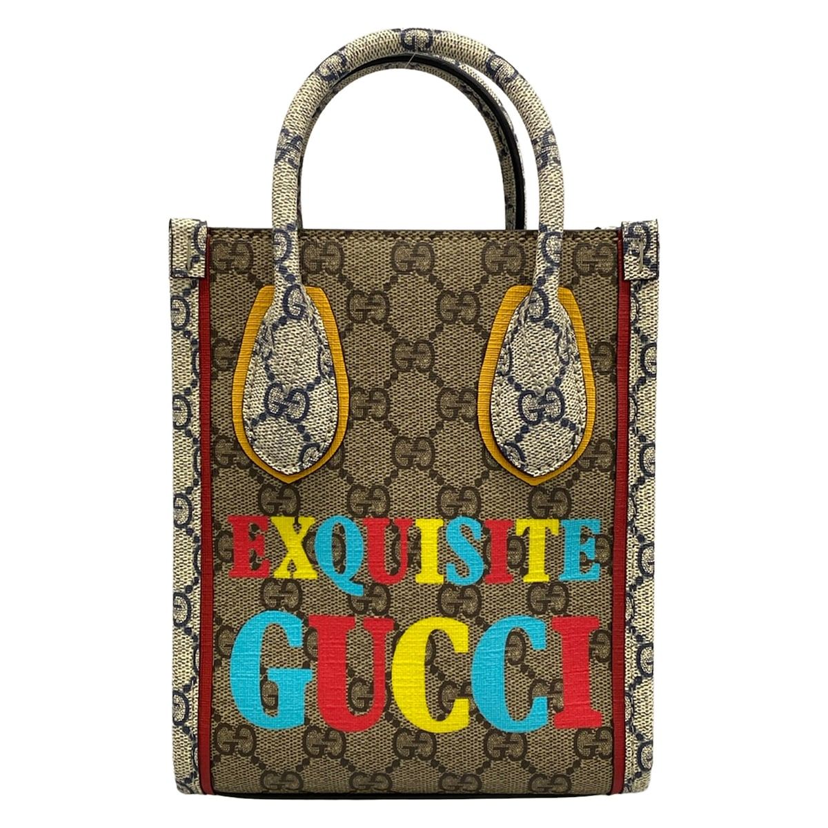GUCCI(グッチ) トートバッグ美品 GGスプリーム 699406 ベージュ×ダークブラウン×マルチ ミニバッグ/EXQUISITE GUCCI レザー