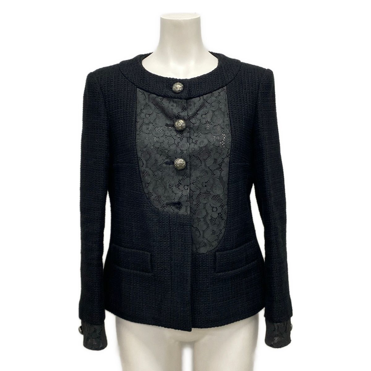 CHANEL(シャネル) ジャケット サイズ36 S レディース - P51026 黒 長袖/2015年/ツイード/レース/ラメボタン/ノーカラー/春/秋 コットン