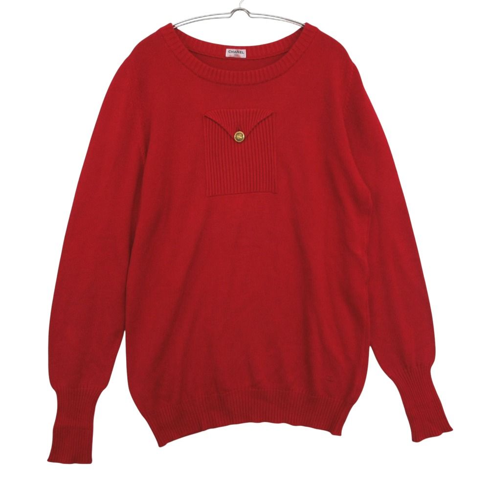 CHANEL シャネル ニット Vintage セーター 長袖 ロング丈 チュニック ポケット付き クローバー 金ボタン オールド トップス レッド 2【S】 レディース 【中古】
