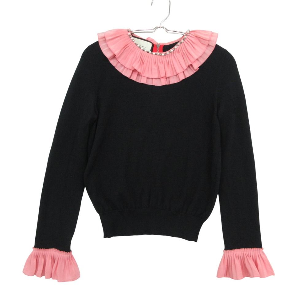 GUCCI グッチ ニット プリーツ ラッフル プルオーバー ウール シルク カシミヤ パール ビジュー装飾 長袖 薄手 トップス ブラック XS レディース 【中古】