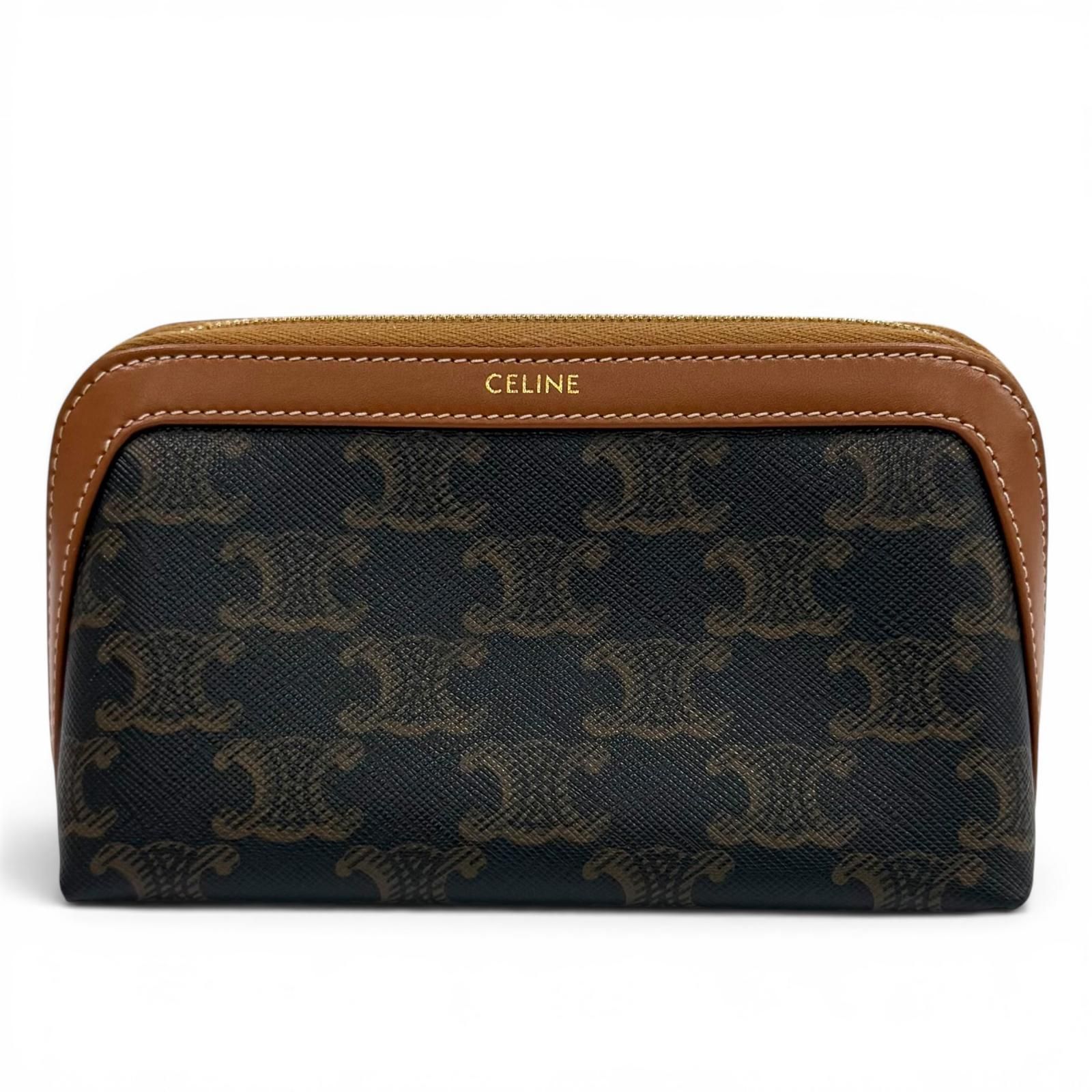 美品★CELINE セリーヌ 4M1622CZ スモール コスメティックポーチ トリオンフキャンバス カーフスキン タン 化粧ポーチ ゴールド金具 伊製