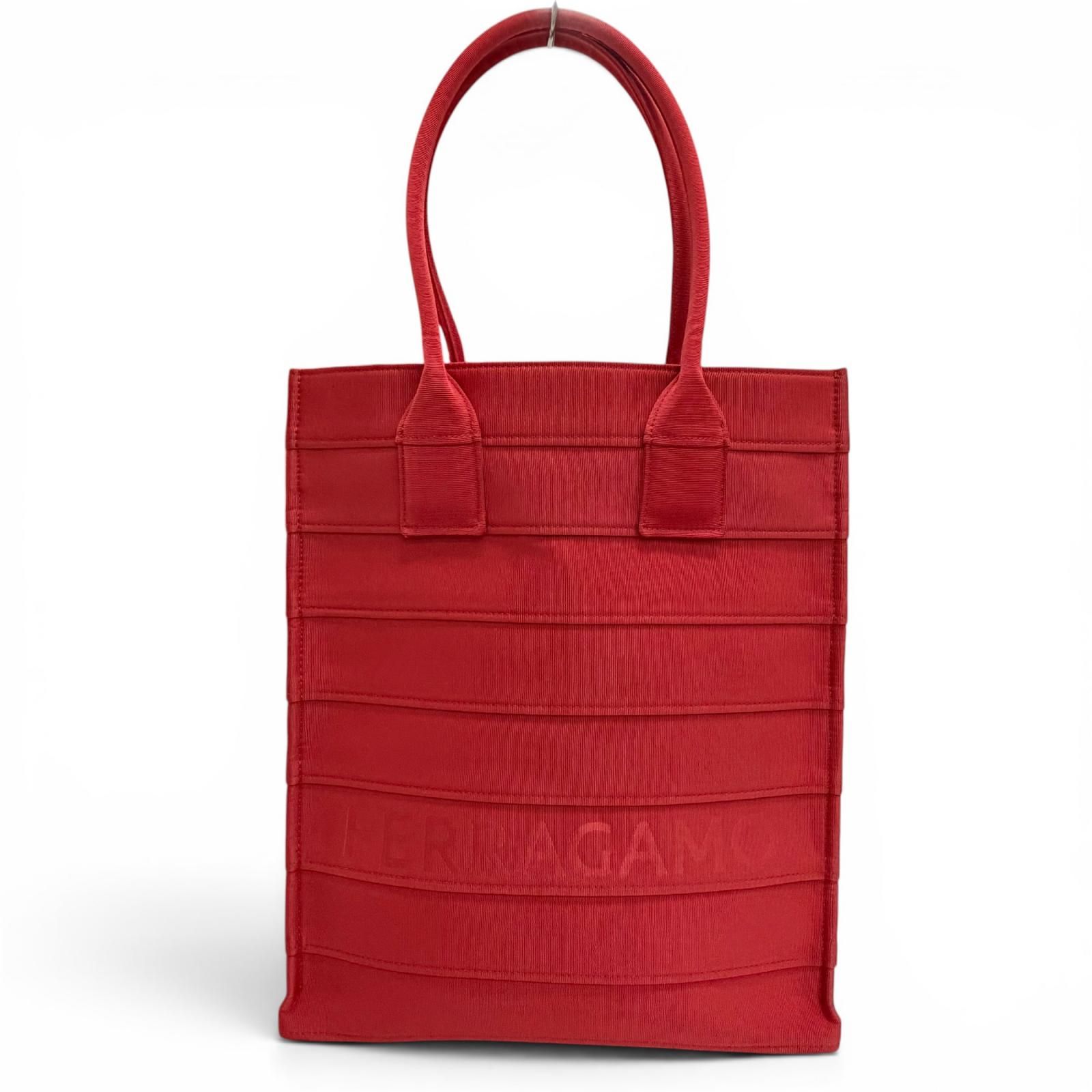 極美品△FERRAGAMO フェラガモ 213986 フロントロゴ レザー使い グログラン スクエア トートバッグ レッド 伊製 レディース 保存袋付き 37,375円