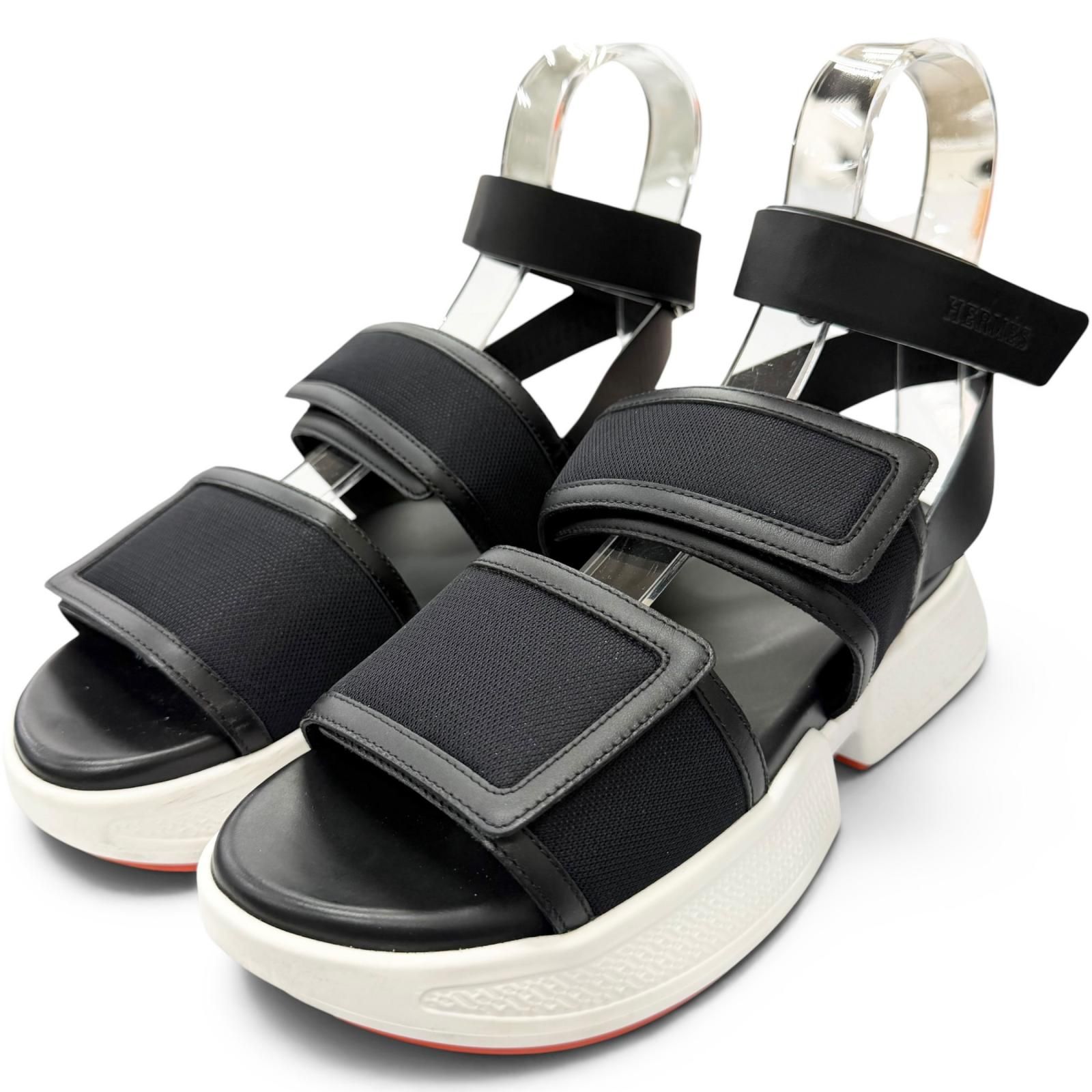 美品□HERMES エルメス RG231219Z ギーク レザー メッシュ アンクルストラップサンダル ブラック 37 イタリア製 レディース 保存袋付き