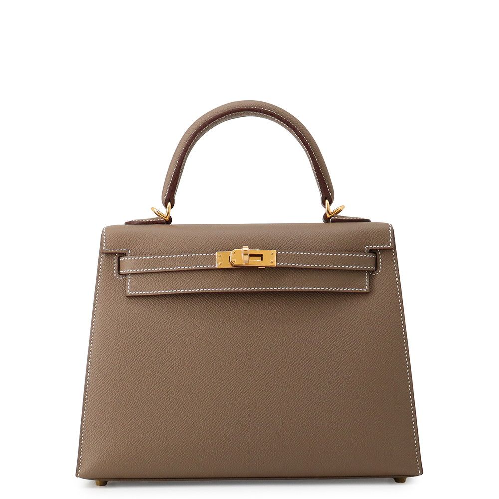 エルメス ハンドバッグ ケリー25 外縫い エトゥープ/ゴールド金具 エプソン G刻印 HERMES Kelly 2wayバッグ