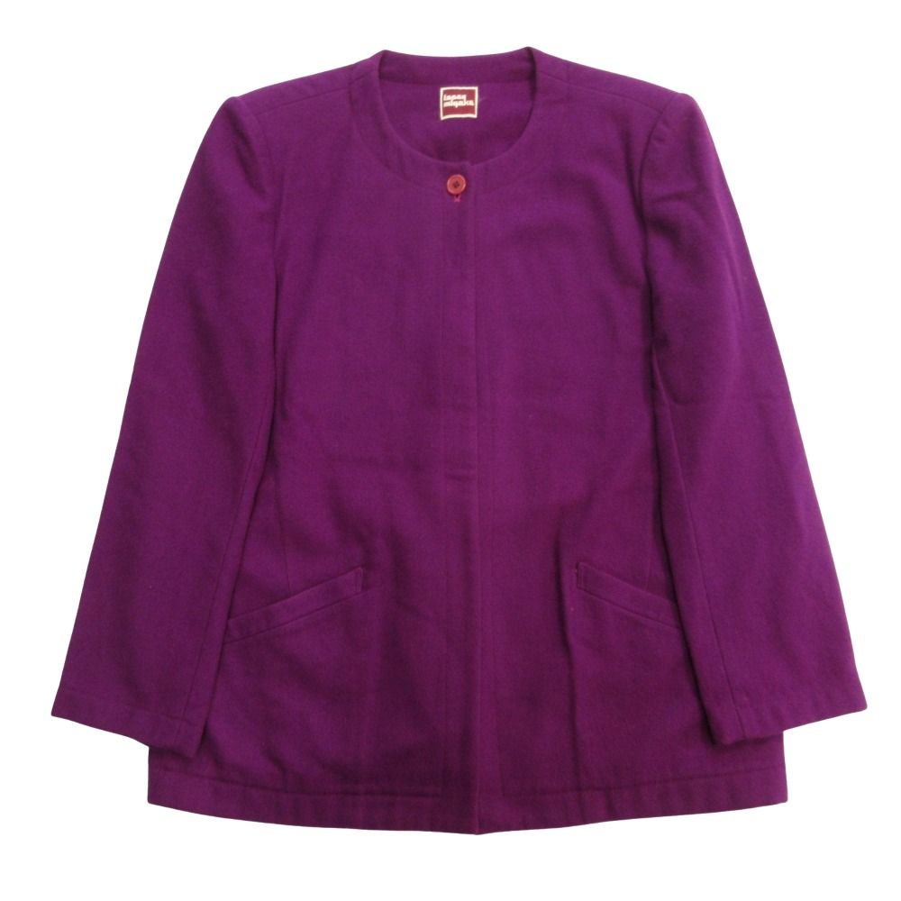 美品 ISSEY MIYAKE イッセイミヤケ 70's 初期タグ ノーカラー ジャケット ブルゾン ウール ヴィンテージ 9 紫 パープル レディース 古着 中古 USED