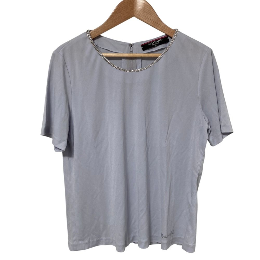 美品 LEONARD FASHION レオナールファッション ラインストーンロゴ カンカンストレッチ カットソー サイズL グレー レディース 古着 中古 USED