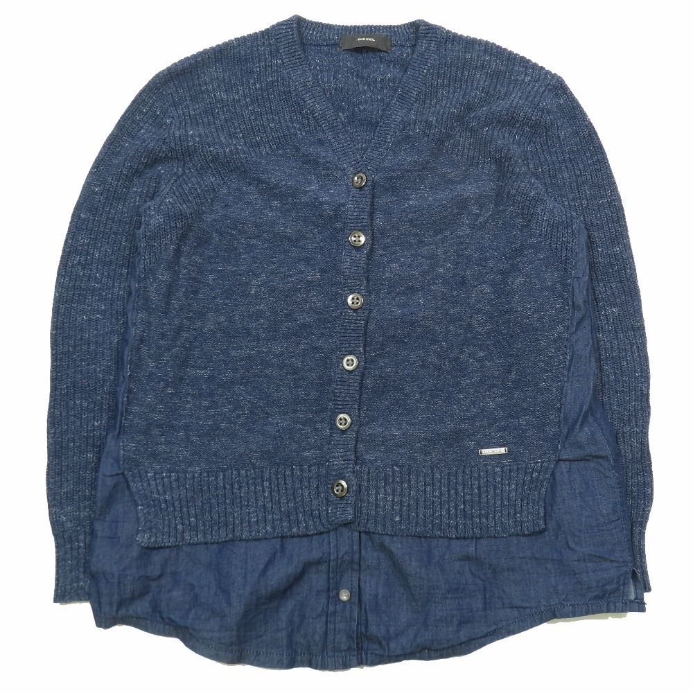 良品 DIESEL ディーゼル カーディガン レイヤード シャンブレーシャツ 長袖 Vネック カットソー XS ブルー レディース 古着 中古 USED