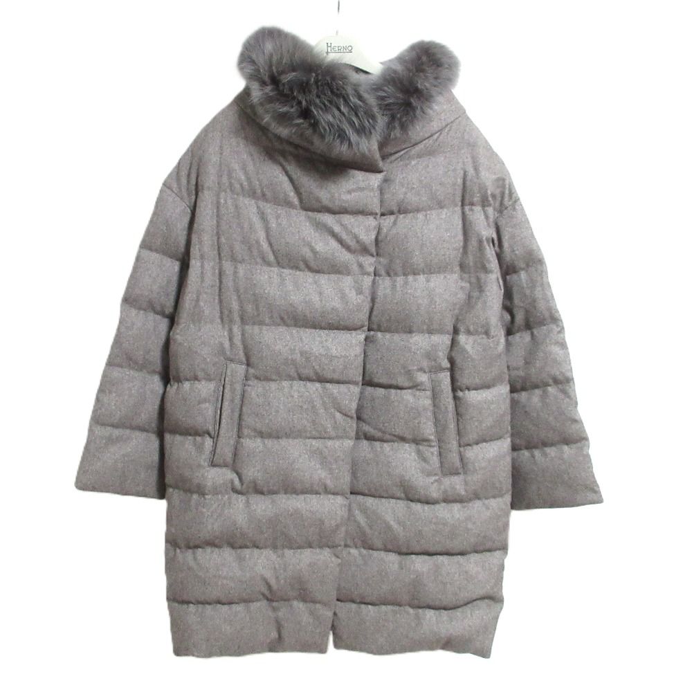 『美品』HERNO ヘルノ 切替 ダウンコート フード付き グレー 40 美品 HERNO ヘルノ フォックスファー付き シルクカシミヤ ダウンコート