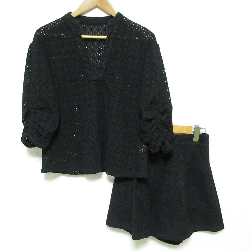 美品 OBLI オブリ コットンレースブラウス コットンレースショートパンツ セットアップ サイズF ブラック レディース 古着 中古 USED
