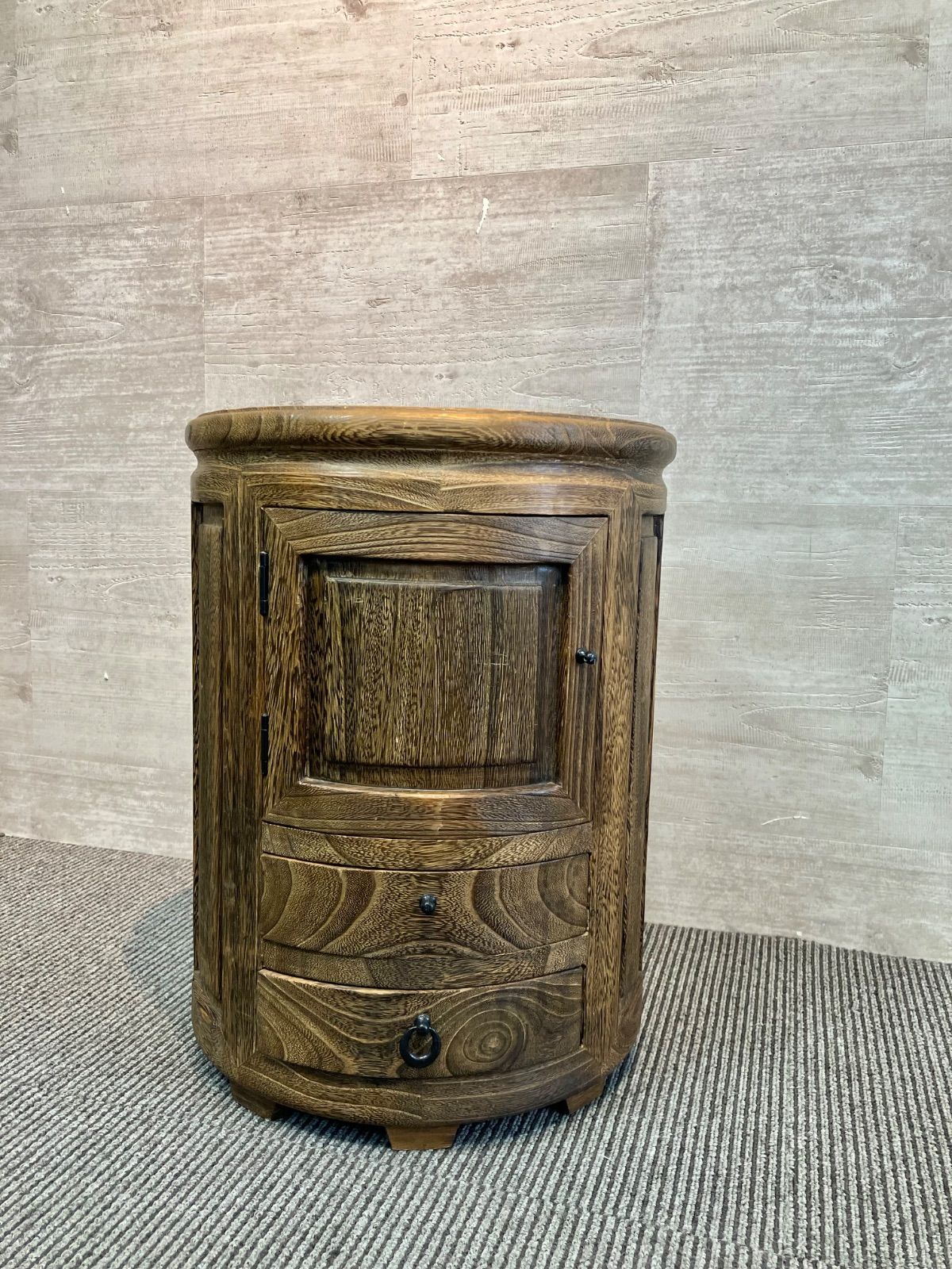 【フォロー割対象商品】李朝家具 木製丸型収納スツール 引出し付 サイドテーブル 花台 椅子 アジアンアンティーク調