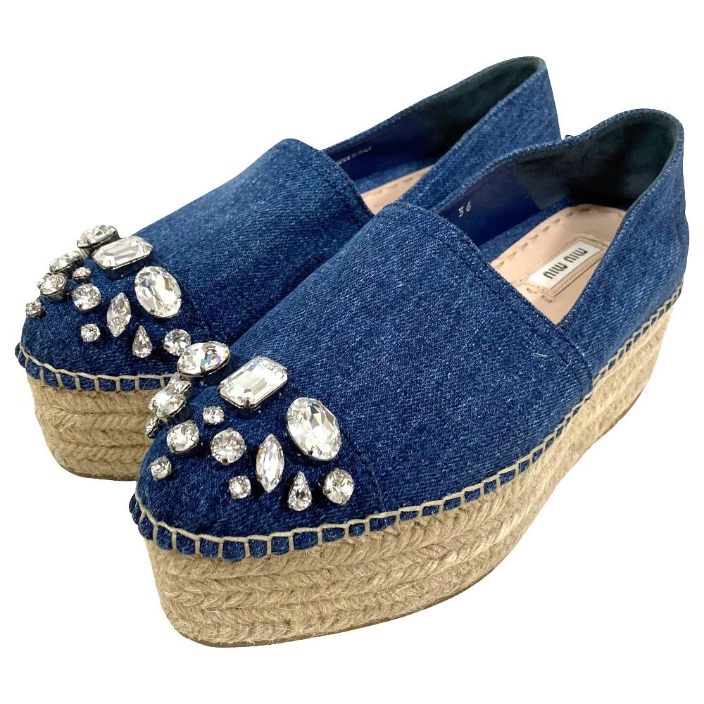 miumiu エスパドリーユ 37 美品 MIUMIU ミュウミュウ ビジュー デニム 厚底 エスパドリーユ