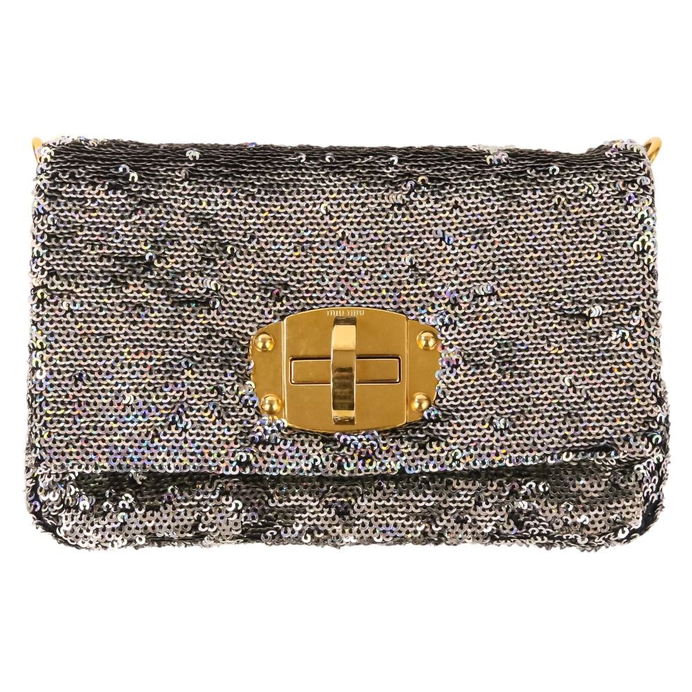良品 MIU MIU ミュウミュウ スパンコール ターンロック ポーチ シルバーカラー レディース 古着 中古 USED