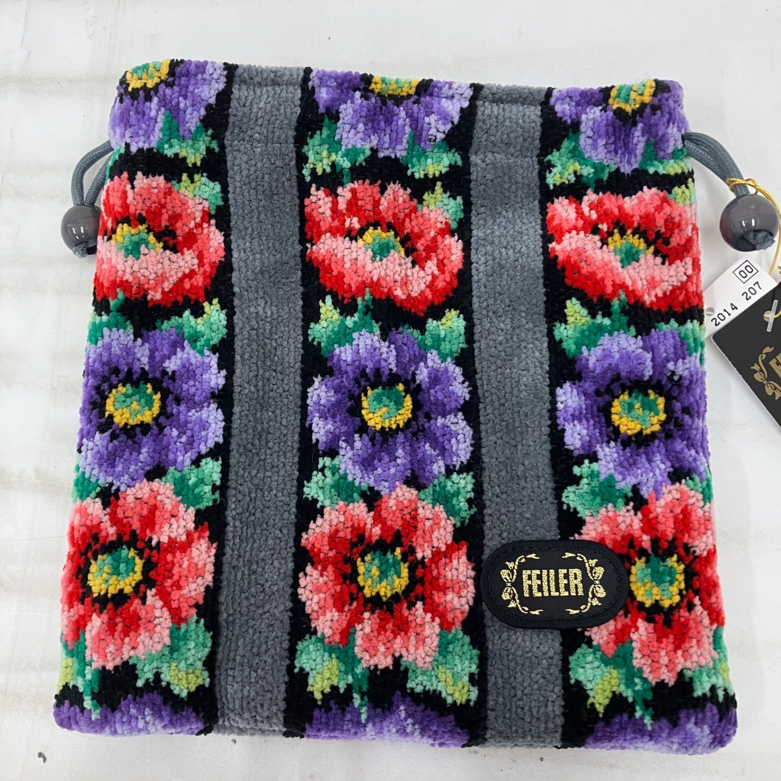 5500 【美品】 FEILER フェイラー タグ付き 巾着 レディース グレー 花