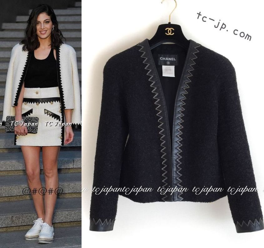 シャネル ジャケット CHANEL ブラック ウール モヘア レザートリム ノーカラー パールボタン カール・ラガーフェルド 86万 貴重 超美品 34