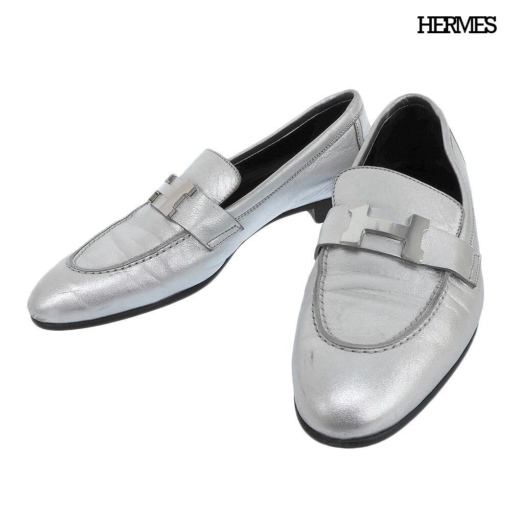 超美品 エルメス HERMES H182148Z モカシン パリ レザー ローファー フラット シューズ 36 23cm メタリック シルバー 袋付き 定価206800円