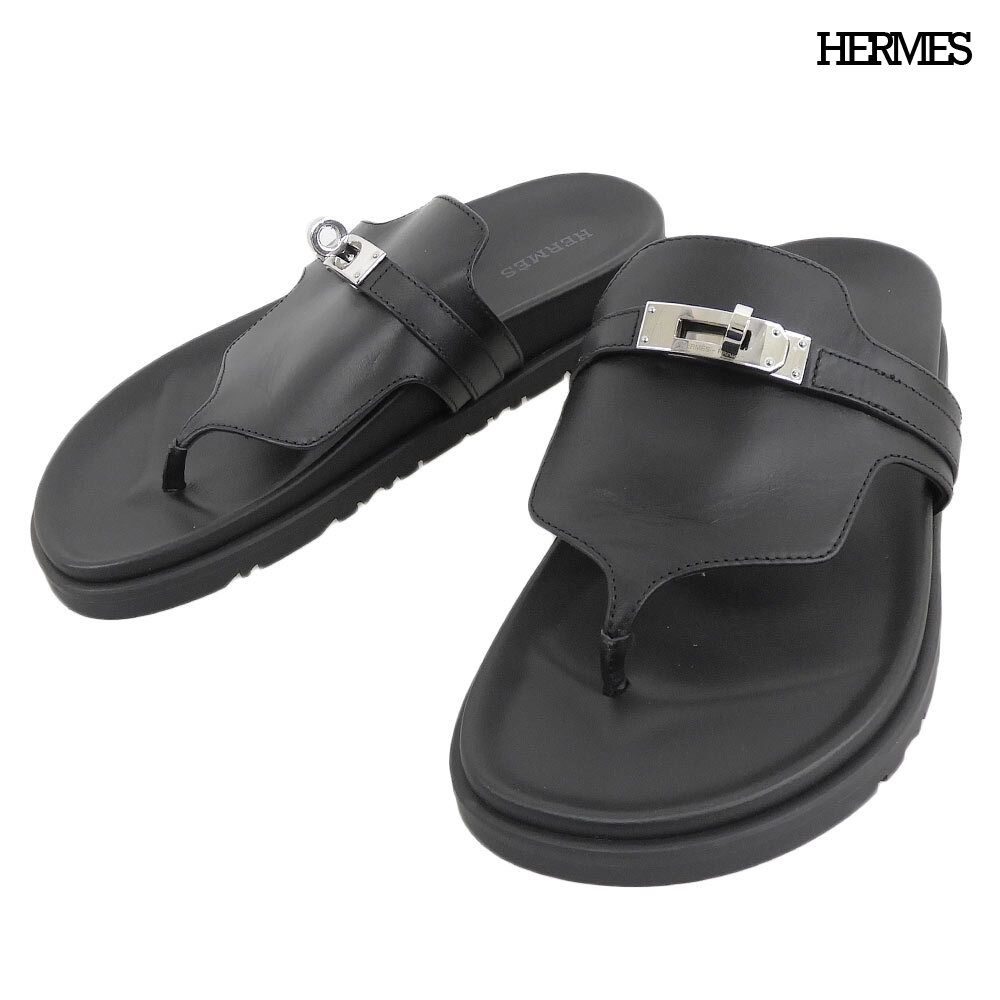 超美品 エルメス HERMES 現行 アンピール レザー トング サンダル フラット シルバー ケリー 35.5 22.5cm 黒 ブラック 袋付き レディース