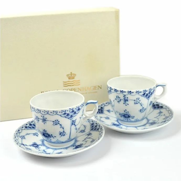 Royal Copenhagen ロイヤルコペンハーゲン ブルーフルーテッド フルレース ペア カップ ＆ソーサー 2客 セット