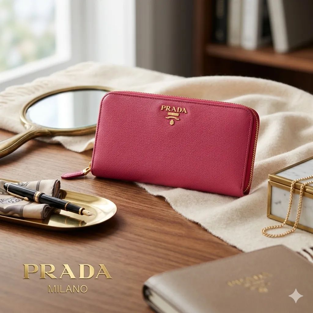 PRADA プラダ 長財布 サフィアーノレザー ラウンドファスナー ピンク 