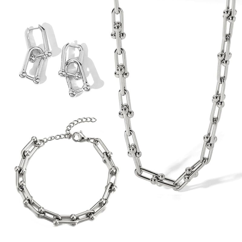 [LUXSTAR] 3点セット Uリンクチェーン ネックレス ブレスレット ピアス レディース 金属アレルギー対応 ステンレス カッパー コーディネートセット (シルバー 銀)