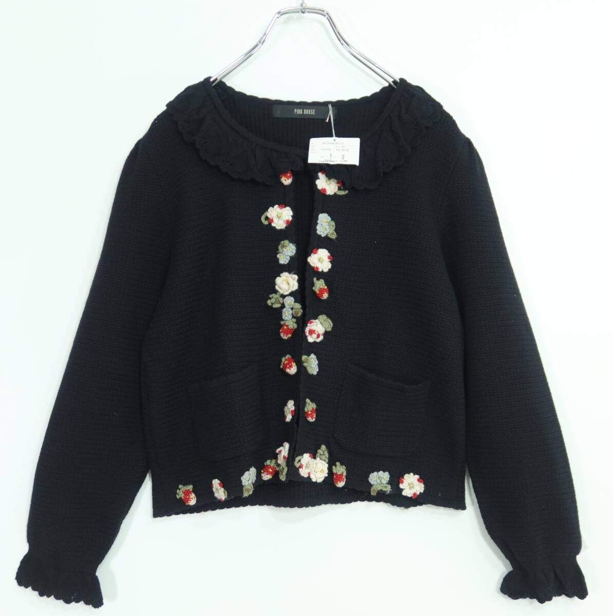 【極美品・紙タグ有】ピンクハウス★イチゴ&お花モチーフ♪長袖カーディガン はおりもの 黒系 レースも♪厚手 z19838