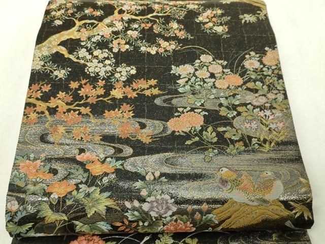 平和屋本店▼西陣あさぎ　丸帯　桃山百双屏風文　本金・プラチナ・黒漆箔　壱仟八百口織　正絹　逸品　DABI1276sf　