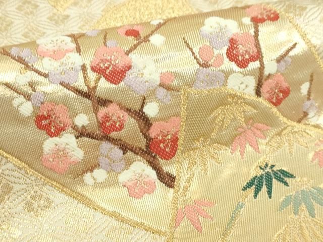 平和屋本店▼六通柄袋帯　群れ鶴草花文　本金箔　正絹　逸品　DABI1284sf