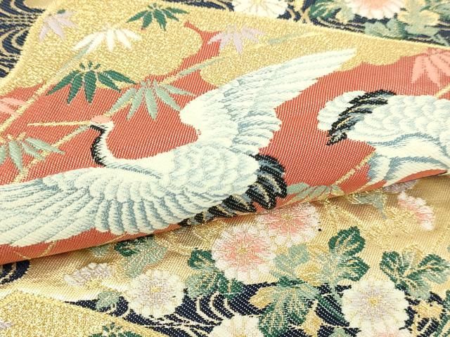 平和屋本店▼六通柄袋帯　群れ鶴草花文　本金箔　正絹　逸品　DABI1284sf