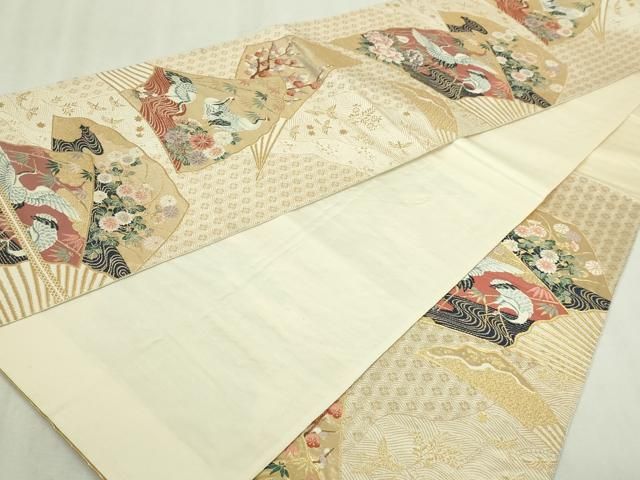 平和屋本店▼六通柄袋帯　群れ鶴草花文　本金箔　正絹　逸品　DABI1284sf
