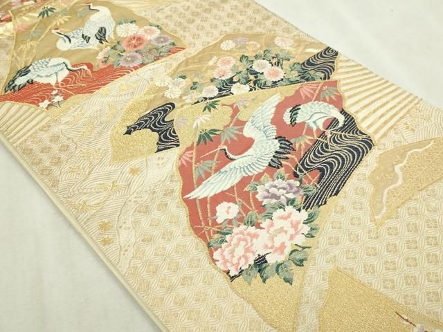平和屋本店▼六通柄袋帯　群れ鶴草花文　本金箔　正絹　逸品　DABI1284sf