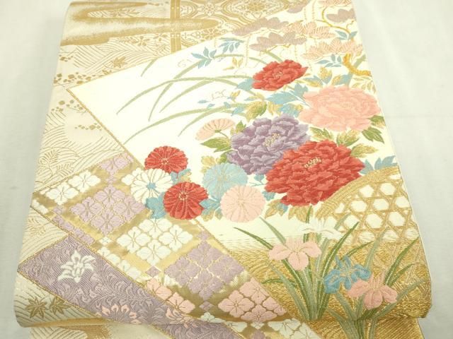 平和屋本店▼六通柄袋帯　唐織　違棚裂取花紋　純金箔　正絹　逸品　DABI1289sf