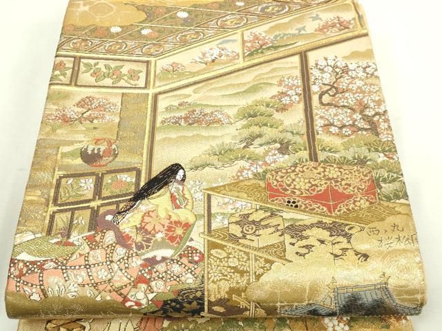 平和屋本店▼両方向全通柄袋帯　人物風景文　本金箔　プラチナ箔　正絹　逸品　DABI1301sf